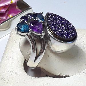 Estate 1.50cttw Multi-Gem & Pear Cut Purple Druzy Sterling Silver Ring #17621